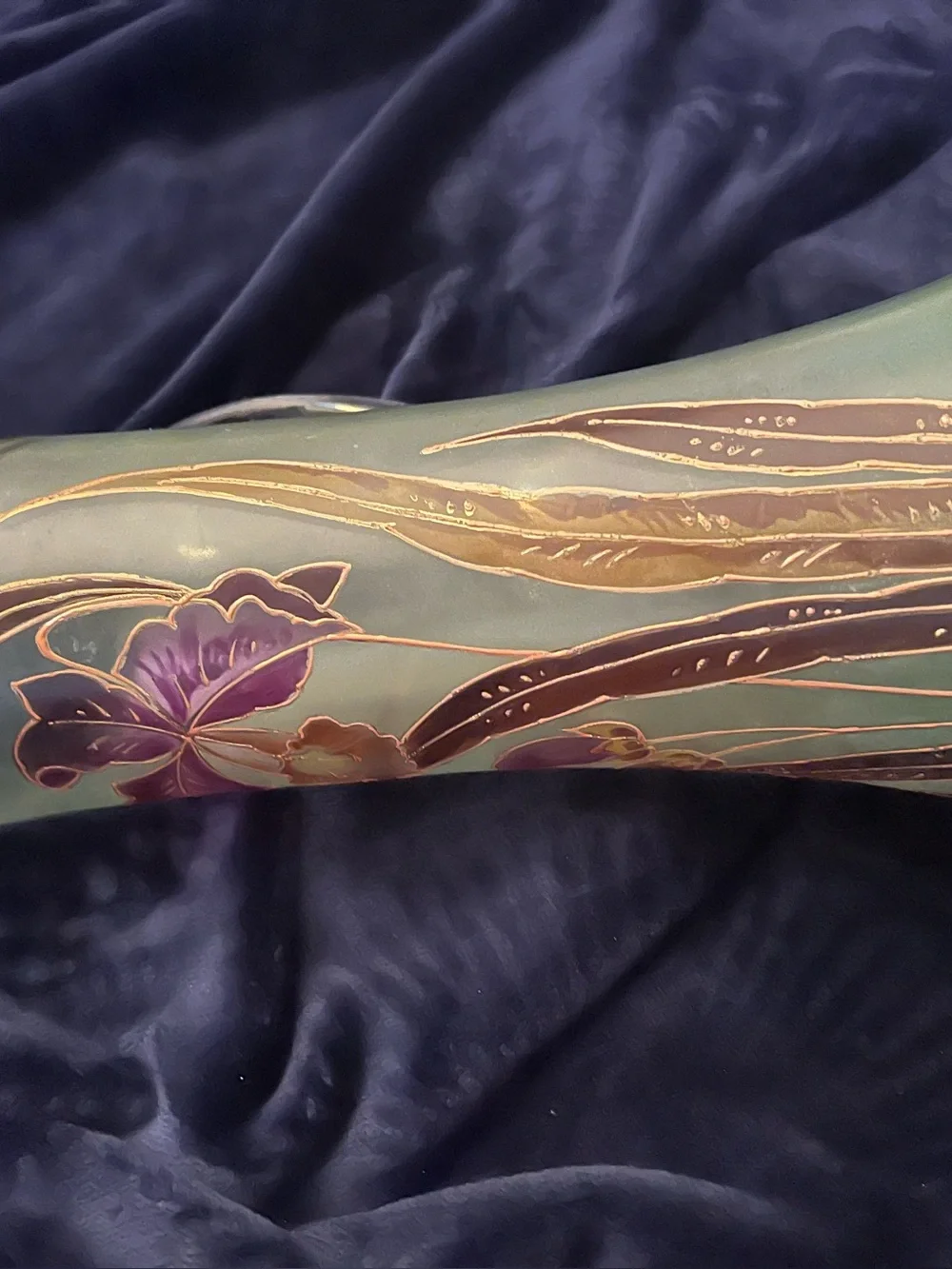 Art Nouveau vase by François-Théodore Legras w/purple irises and gold leaves.